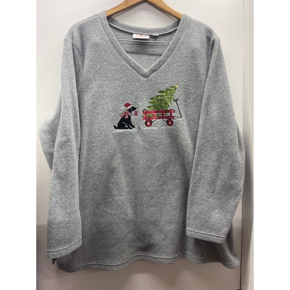 Quacker Factory Christmas Dog Fleece Sweatshirt XL Gray V-Neck Holiday Pullover
